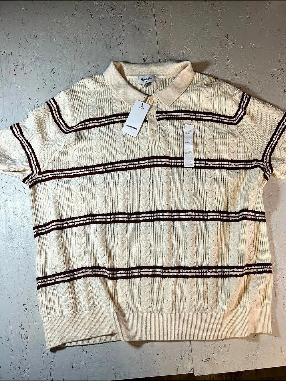 Goodfellow & Co Short-Sleeve Cable Full-Button Sweater Polo Sweater Polo Cream &
